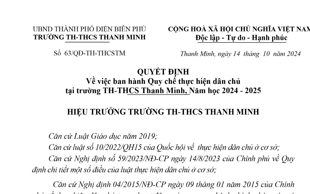 Quyết định số 63/QĐ-TH-THCSTM ngày 14/10/2024 của Trường TH-THCS Thanh Minh về việc ban hành Quy chế thực hiện dân chủ năm học 2024-2025
