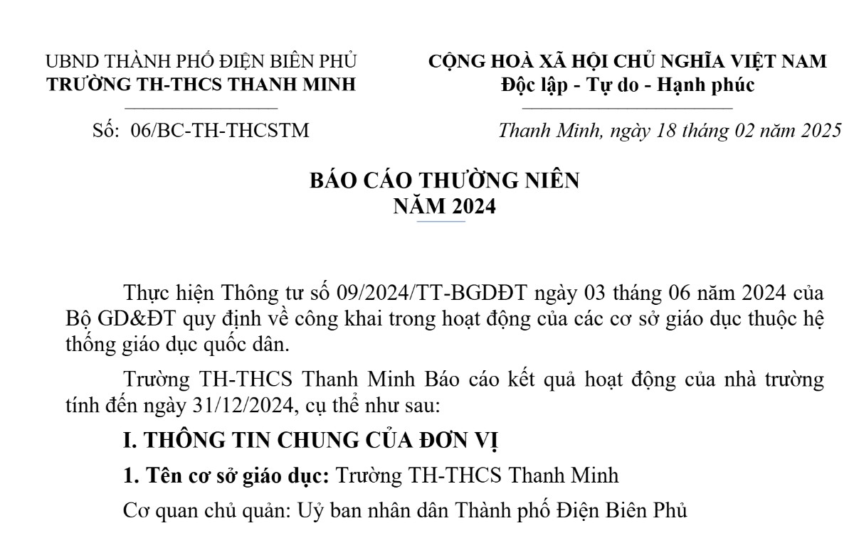 Báo cáo số 06/BC-TH-THCSTM ngày 18/02/2025 của Trường TH-THCS Thanh Minh – Báo cáo thường niên năm 2024