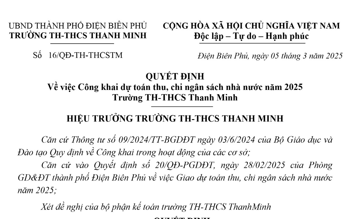 Quyết định số 16/QĐ-TH-THCSTM ngày 05/3/2025 của Trường TH-THCS Thanh Minh về việc công khai dự toán thu, chi ngân sách nhà nước năm 2025 (bổ sung)
