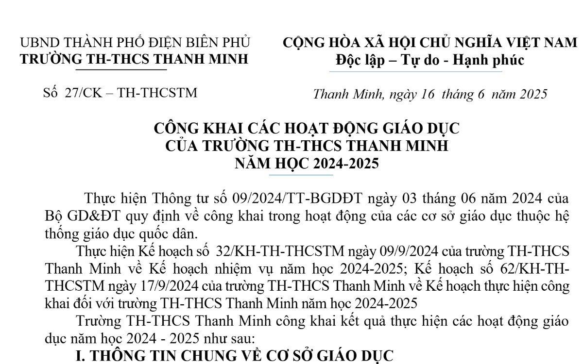 Công khai số 27/CK-TH-THCSTM ngày 16/6/2025 của Trường TH-THCS Thanh Minh về các hoạt động giáo dục năm học 2024-2025