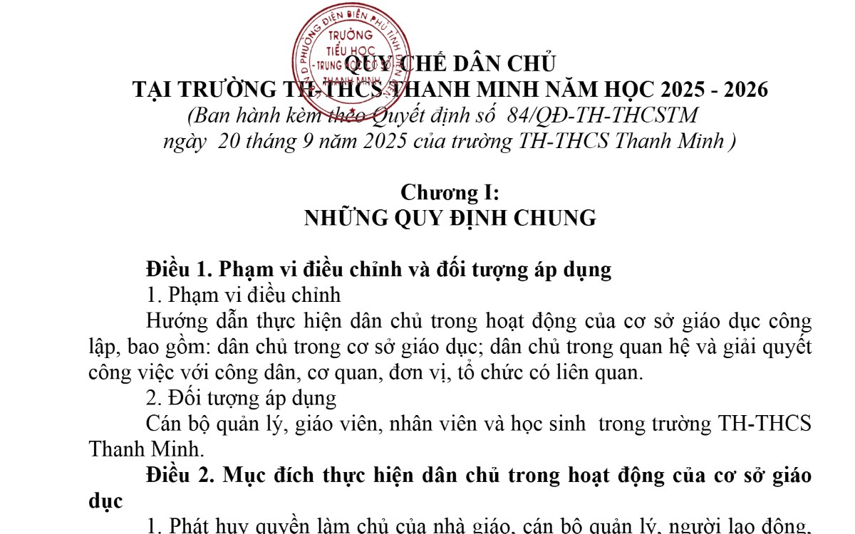 Quy chế dân chủ tại Trường TH-THCS Thanh Minh năm học 2025-2026 (ban hành kèm theo Quyết định số 84/QĐ-TH-THCSTM ngày 20/9/2025)